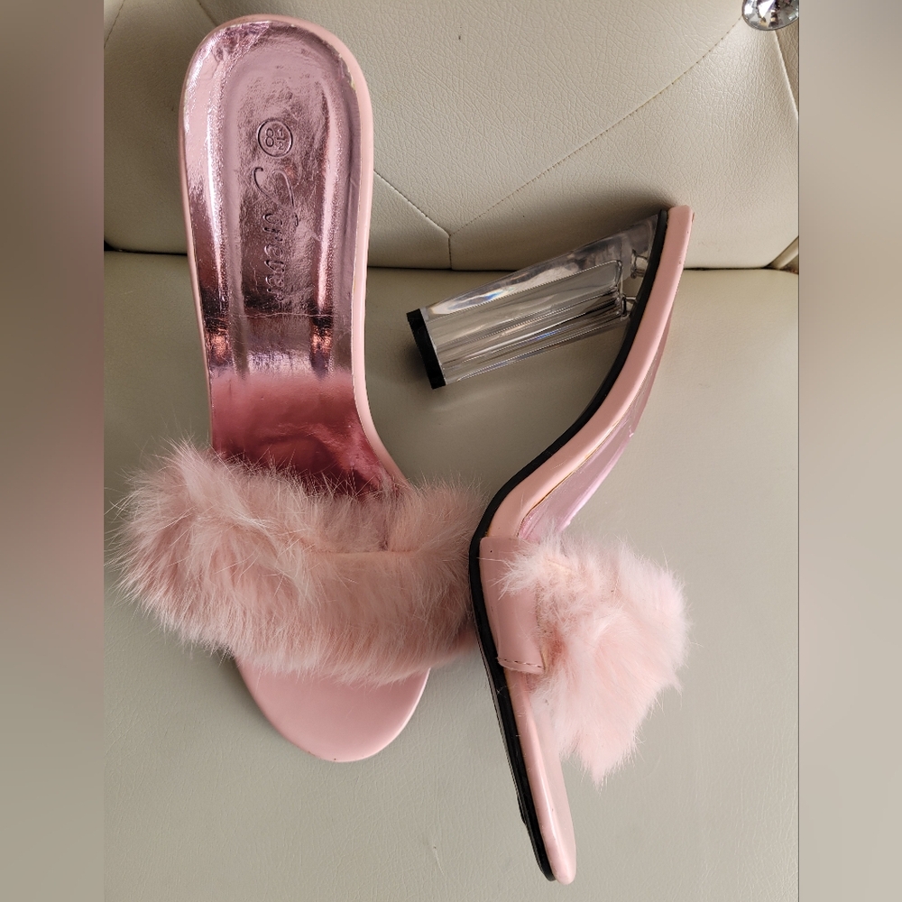 Forever 21 Boudoir/Sexy Barbie Pink Rabbit Fur Clear Heeled Sandals 8.5 - Picture 3 of 16